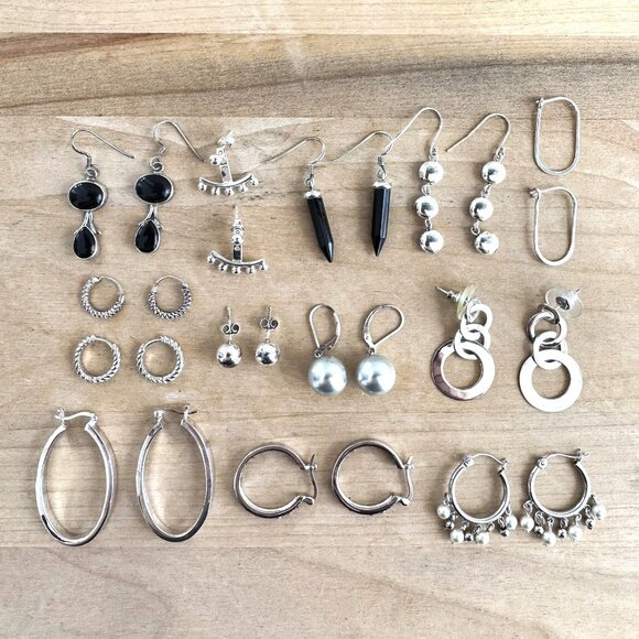 STERLING SILVER EARRINGS - ASSORTED HOOPS DANGLES POSTS - Lot of 13 pair - 50g - Picture 1 of 7